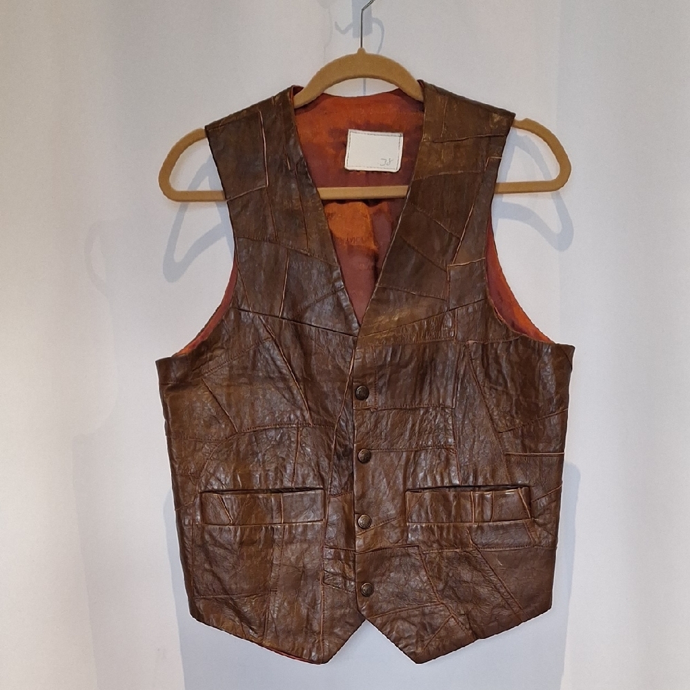Vintage 70's Style Men's Brown Leather Patchwork Vest
